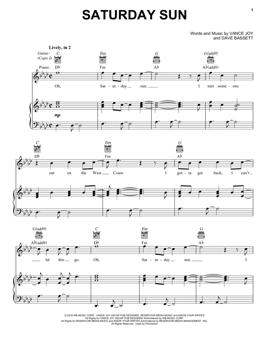 Saturday Sun Piano, Vocal, Guitar scores gallery preview page 1