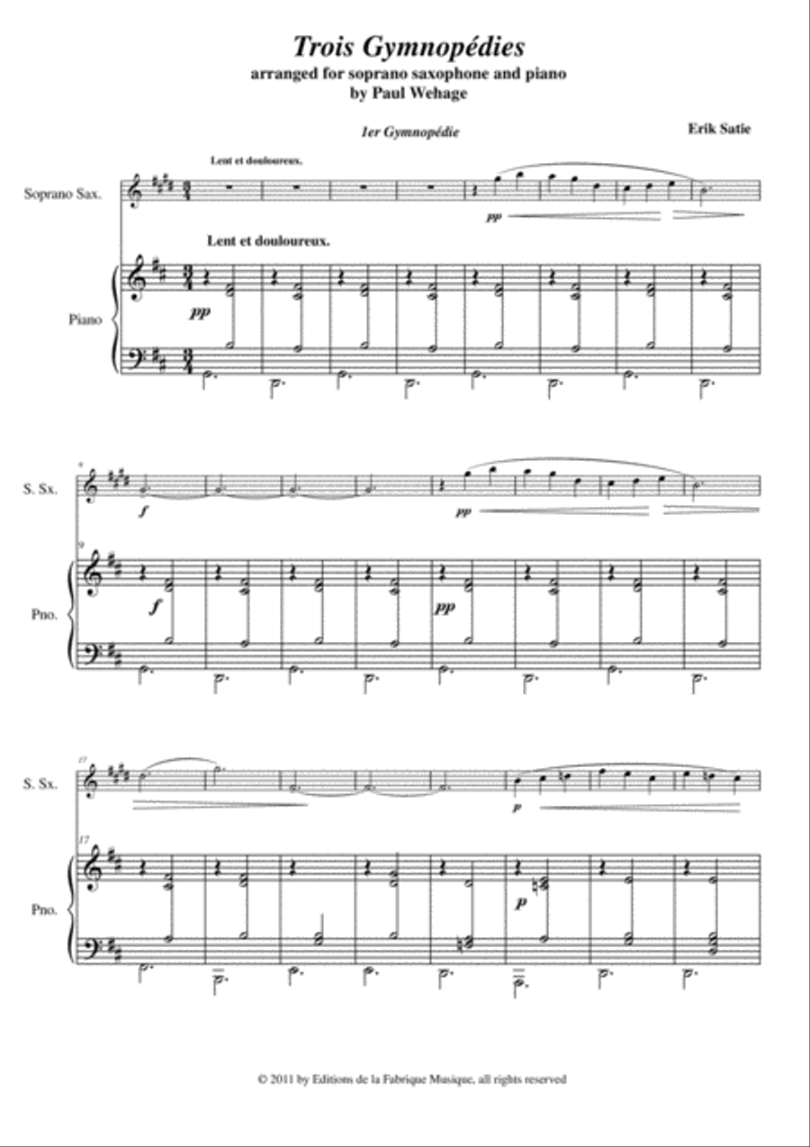 Erik Satie: Trois Gynopédies arranged for soprano saxophone and piano Soprano Saxophone scores gallery preview page 2