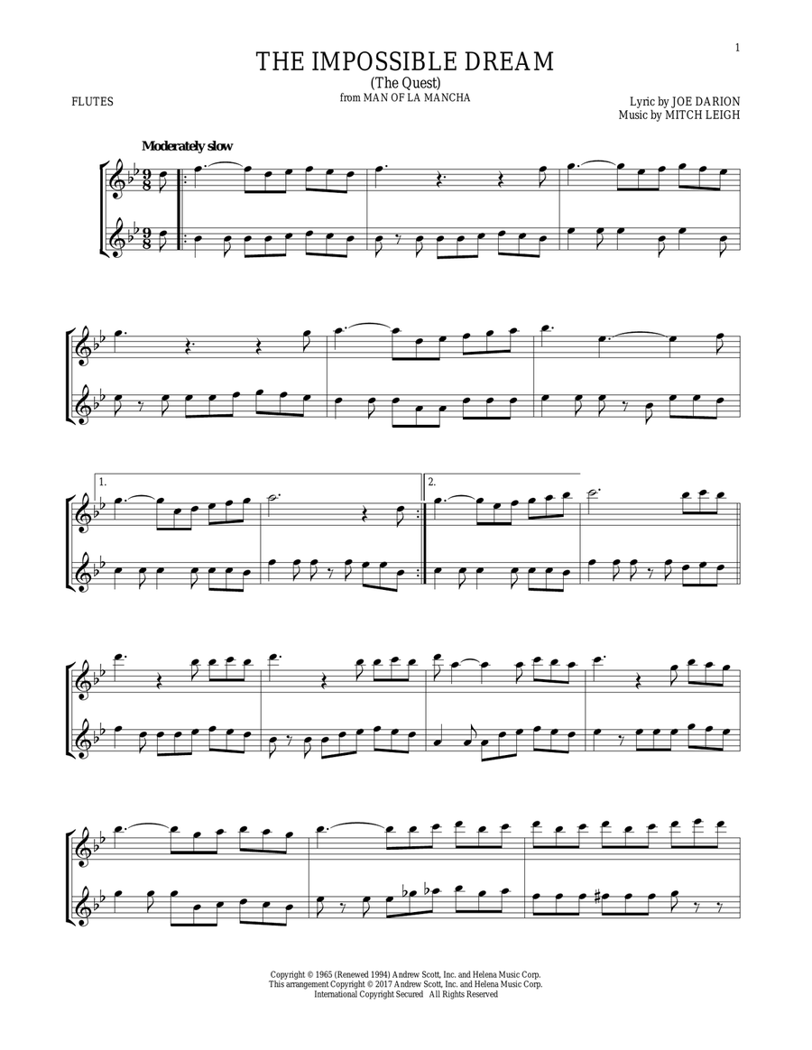 The Impossible Dream (The Quest) Flute Duet scores gallery preview page 1