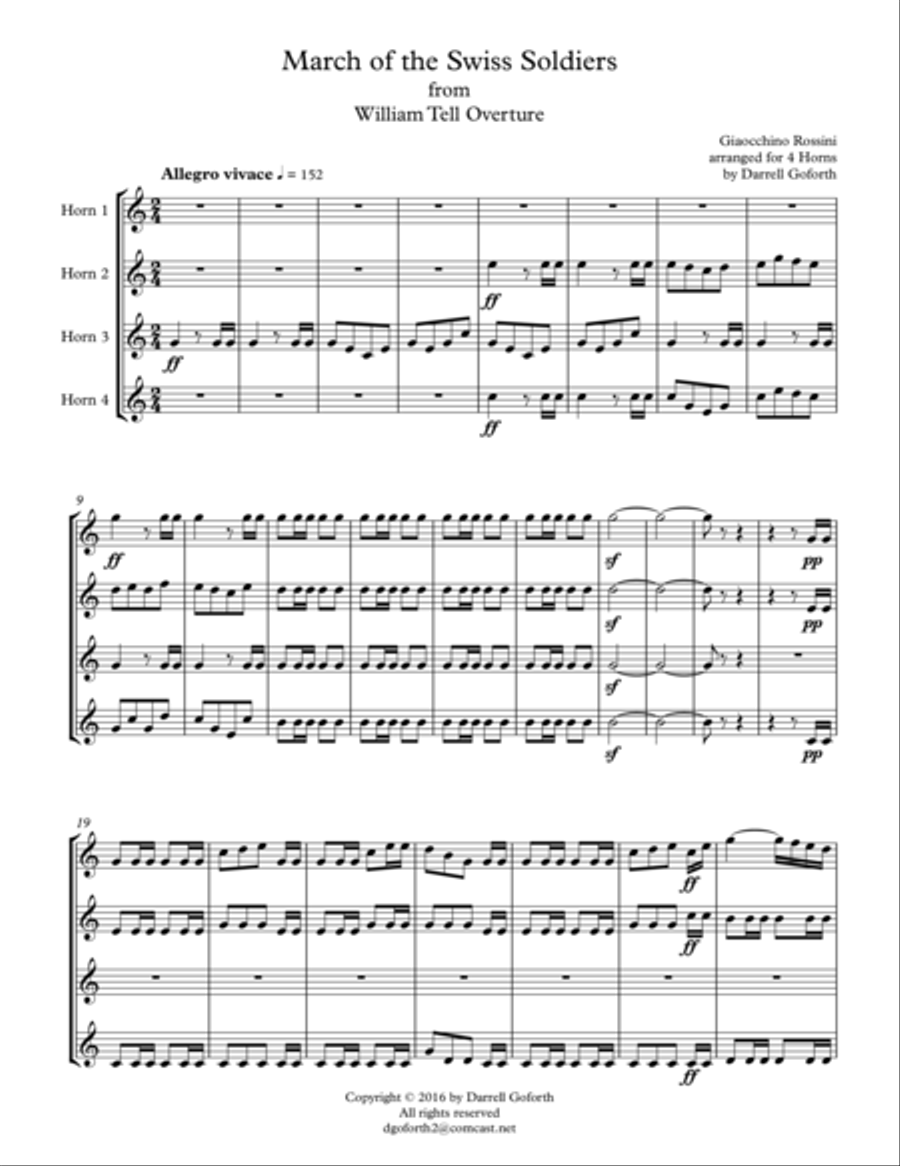 Rossini: March of the Swiss Soldiers from William Tell Overture for Horn Quartet French Horn Quartet scores gallery preview page 2