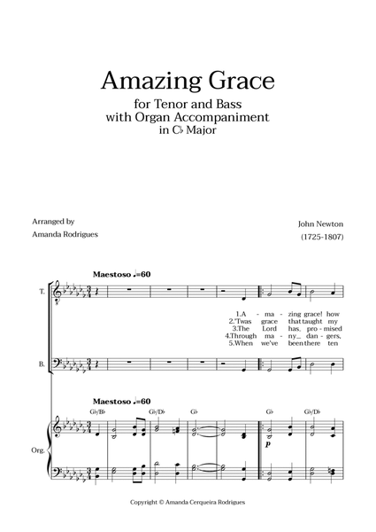 Amazing Grace in Cb Major - Tenor and Bass with Organ Accompaniment and Chords image number null