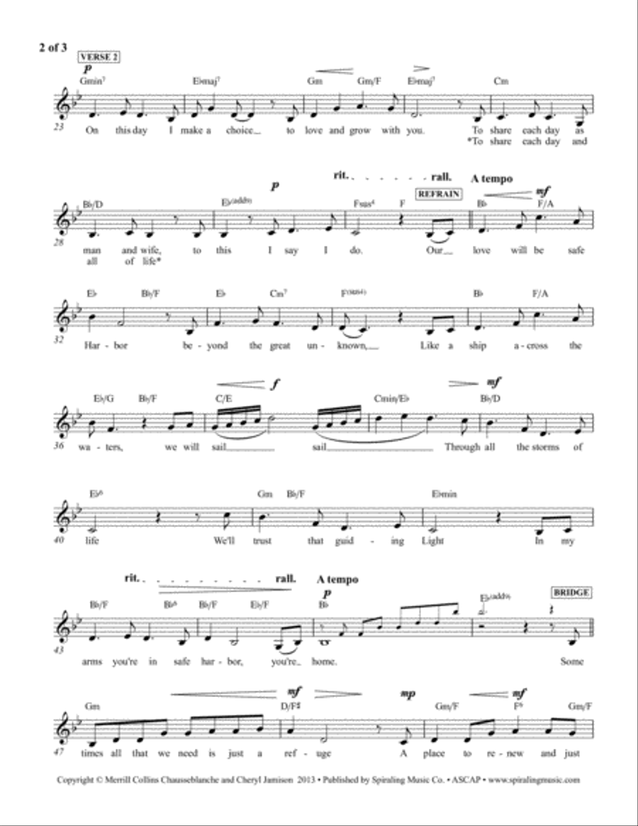 Safe Harbor, vocal piano lead sheet in Bb