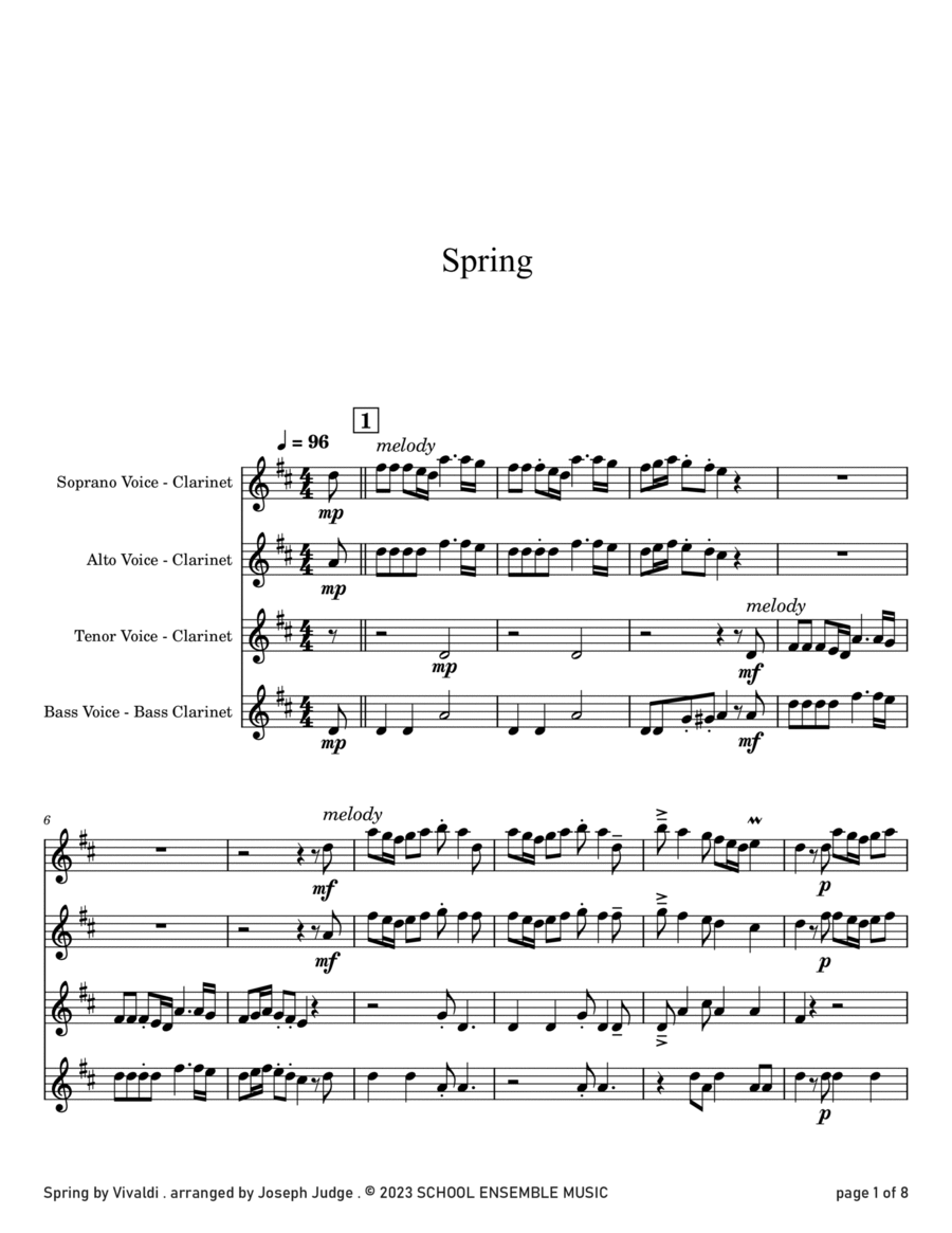 Spring by Vivaldi for Clarinet Quartet in Schools Clarinet Quartet scores gallery preview page 1