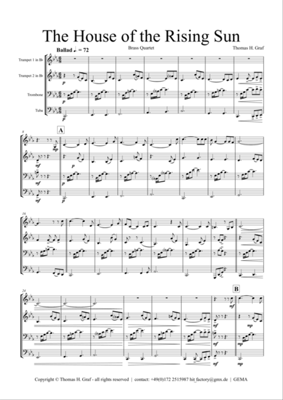The house of the rising sun - Brass Quartet Brass Quartet scores gallery preview page 1