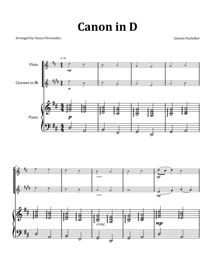Canon by Pachelbel - Flute and Clarinet Duet with Piano and Chord Notation image number null