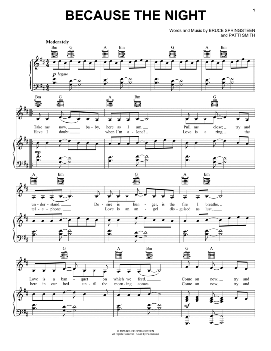 Because The Night Piano, Vocal, Guitar scores gallery preview page 1