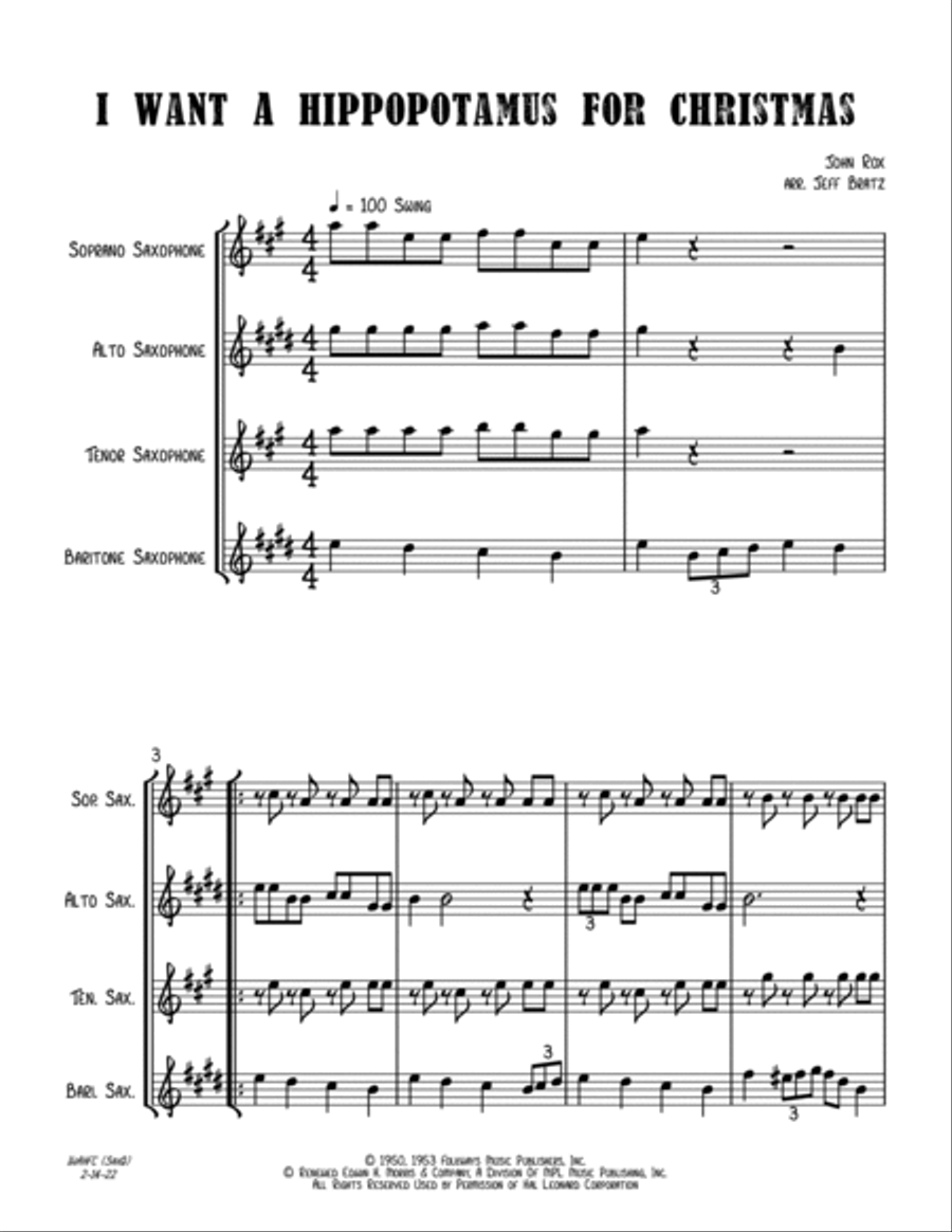 I Want A Hippopotamus For Christmas (Hippo The Hero) Woodwind Quartet scores gallery preview page 2