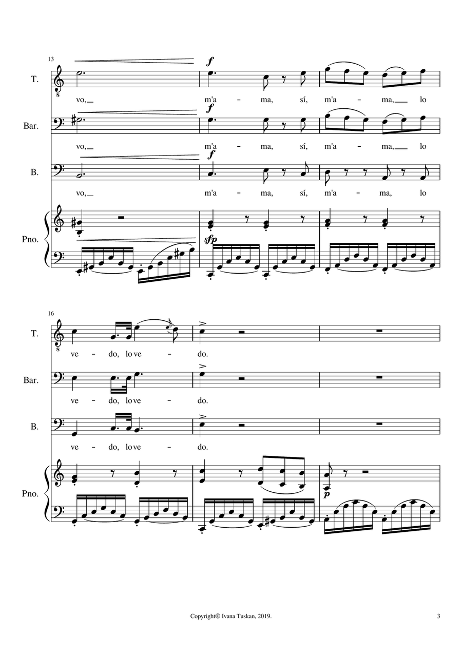 Una furtiva lagrima, TBB and piano, A minor 3-Part scores gallery preview page 3