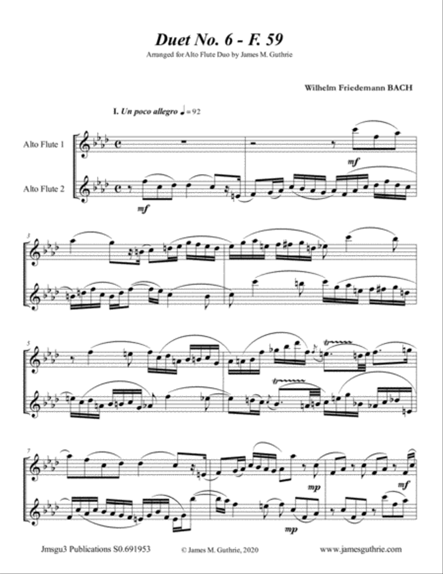 WF Bach: Duet No. 6 for Alto Flute Duo Flute Duet scores gallery preview page 1