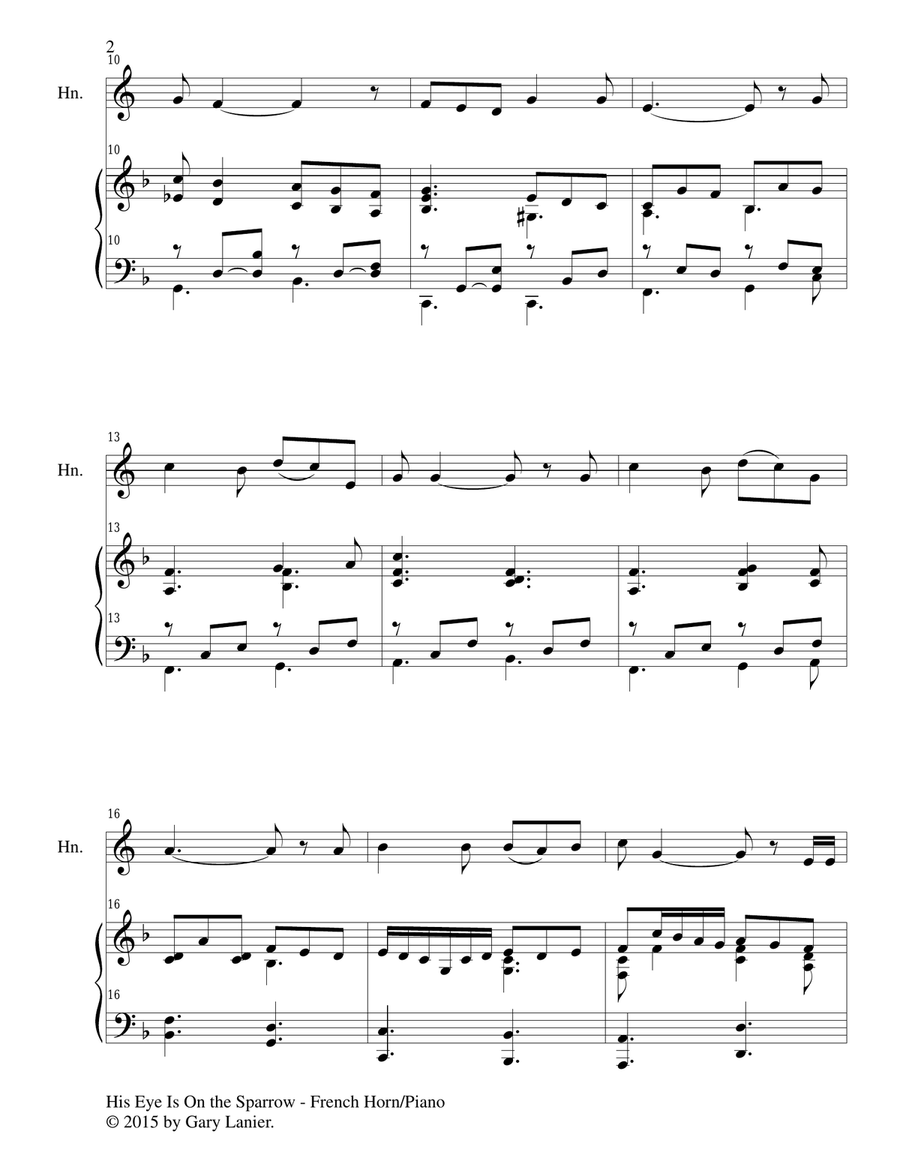 HIS EYE IS ON THE SPARROW (Duet – French Horn and Piano/Score and Parts) by Charles H. Gabriel Brass Duet - Digital Sheet Music page 3
