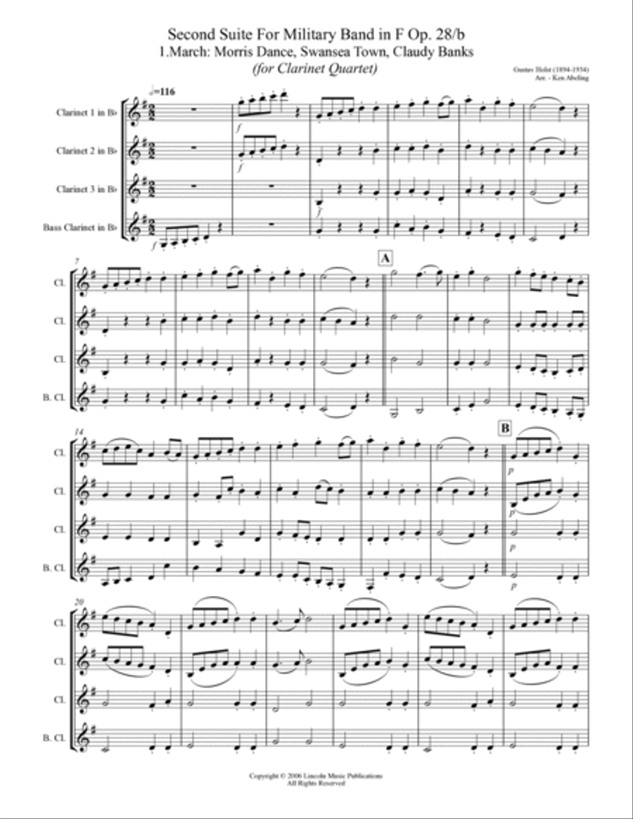 Holst - Second Suite for Military Band in F (for Clarinet Quartet) Clarinet Quartet scores gallery preview page 2