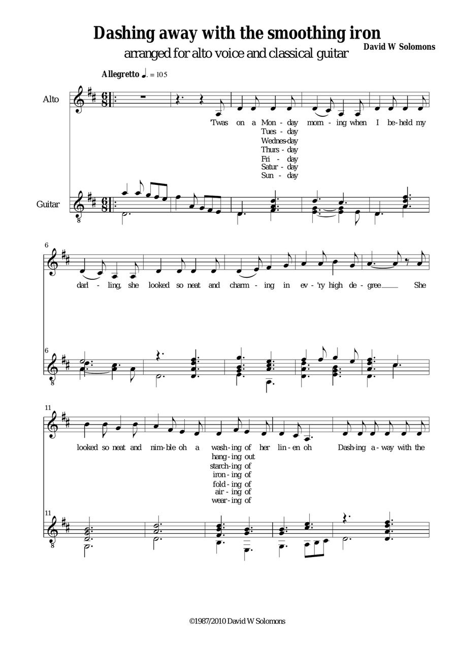 Dashing away with the smoothing iron for low voice and classical guitar Small Ensemble scores gallery preview page 1