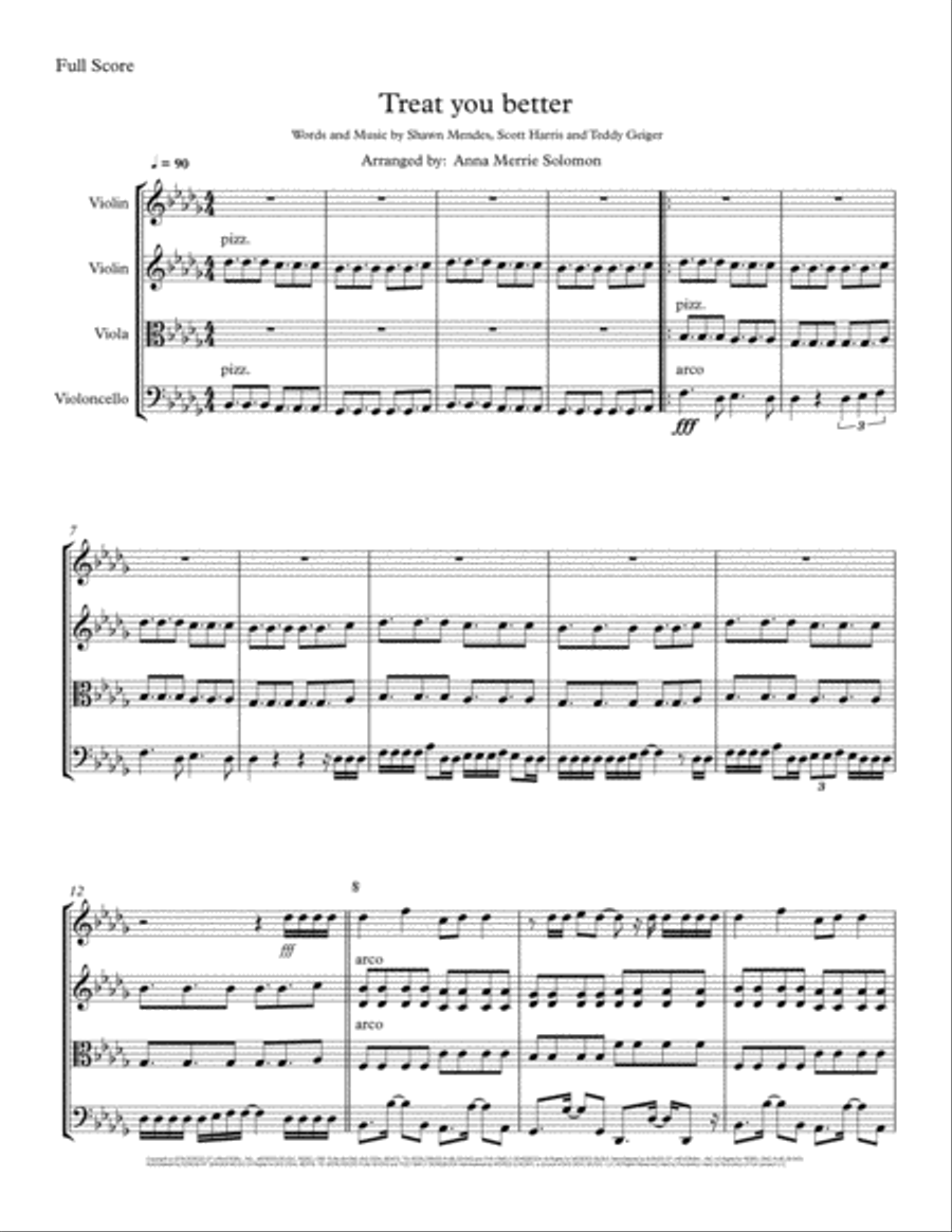 Treat You Better String Quartet scores gallery preview page 1