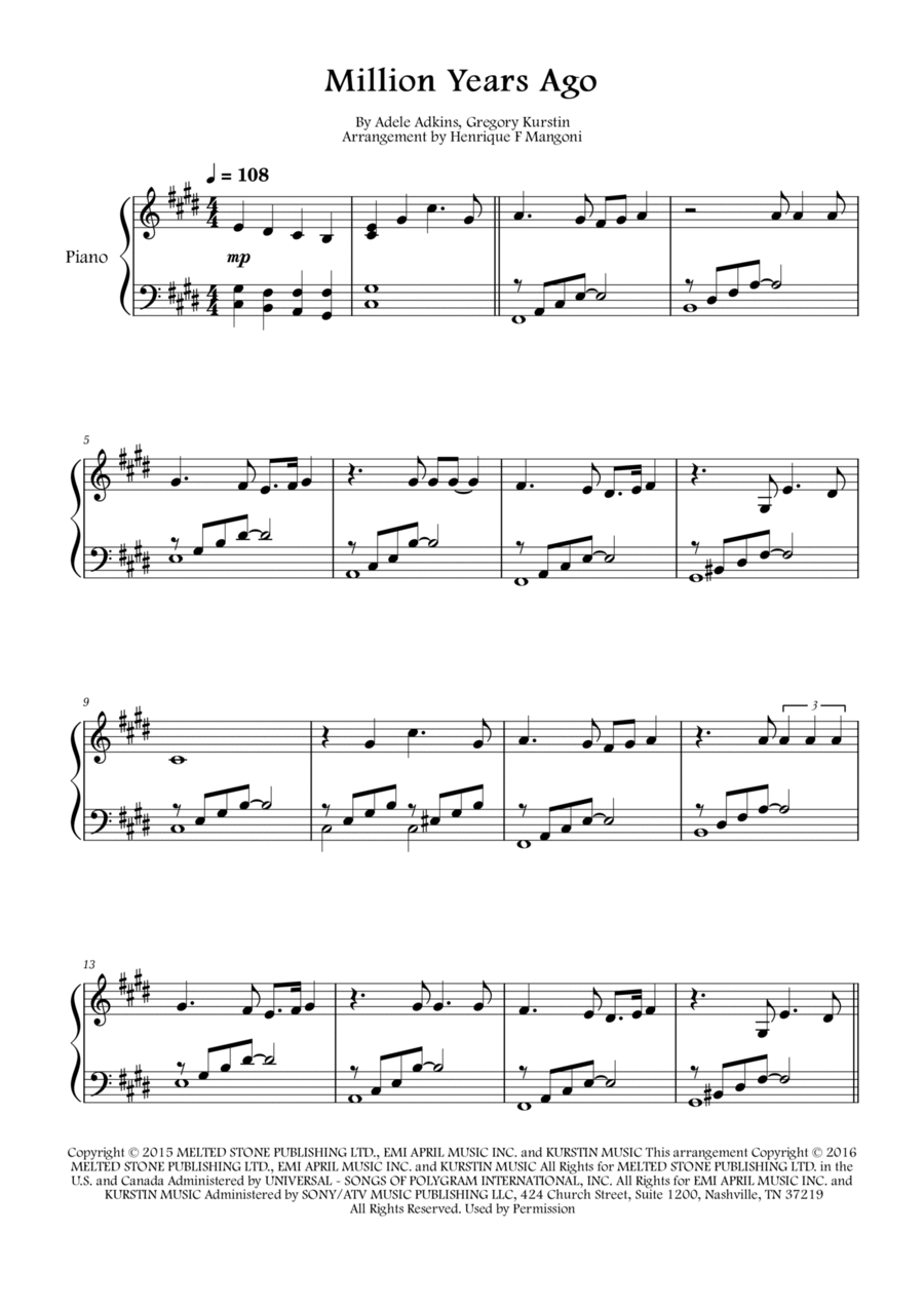 Million Years Ago Piano Solo scores gallery preview page 1