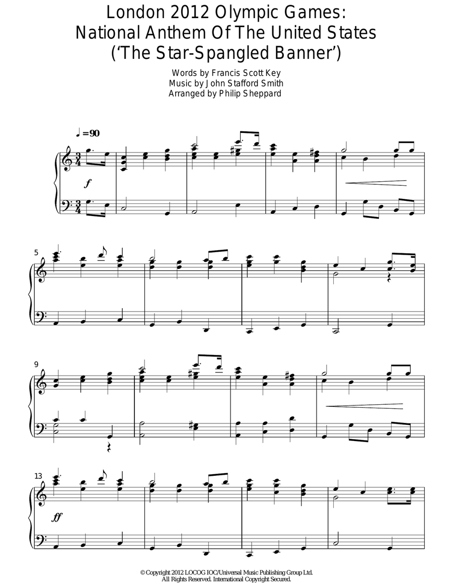 London 2012 Olympic Games: National Anthem Of The United States ('The Star-Spangled Banner') Piano Solo scores gallery preview page 1