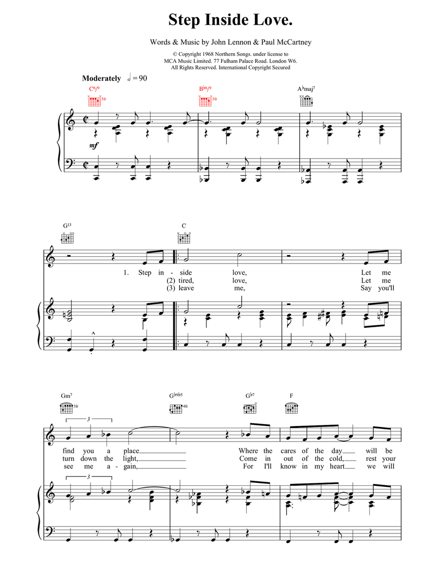 Step Inside Love Piano, Vocal, Guitar scores gallery preview page 1