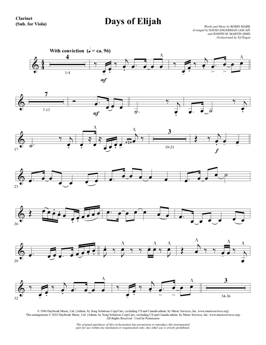 Days of Elijah (arr. David Angerman) - Clarinet (sub. Viola) Choir scores gallery preview page 1