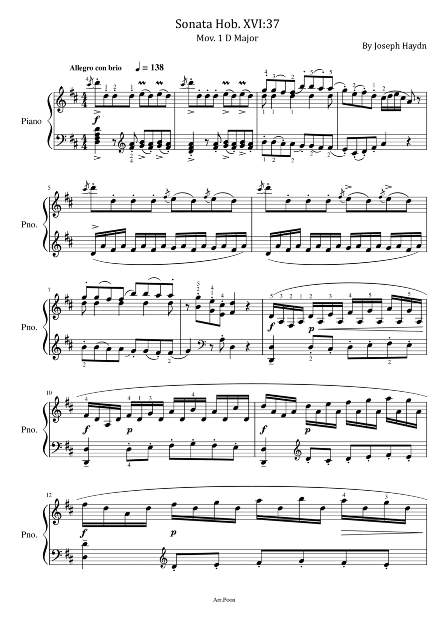 Haydn - Sonata in D major, Hob.XVI:37 Mov. 1 - Original For Piano Solo With Fingered Piano Solo scores gallery preview page 1