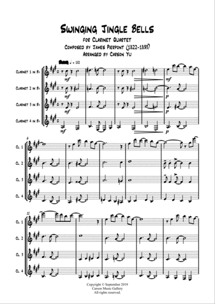 Swinging Jingle Bells - for Clarinet Quartet (4Bb) arr. Carson Yu Clarinet Quartet scores gallery preview page 4