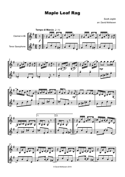 Maple Leaf Rag, by Scott Joplin, for Clarinet and Tenor Saxophone Duet
