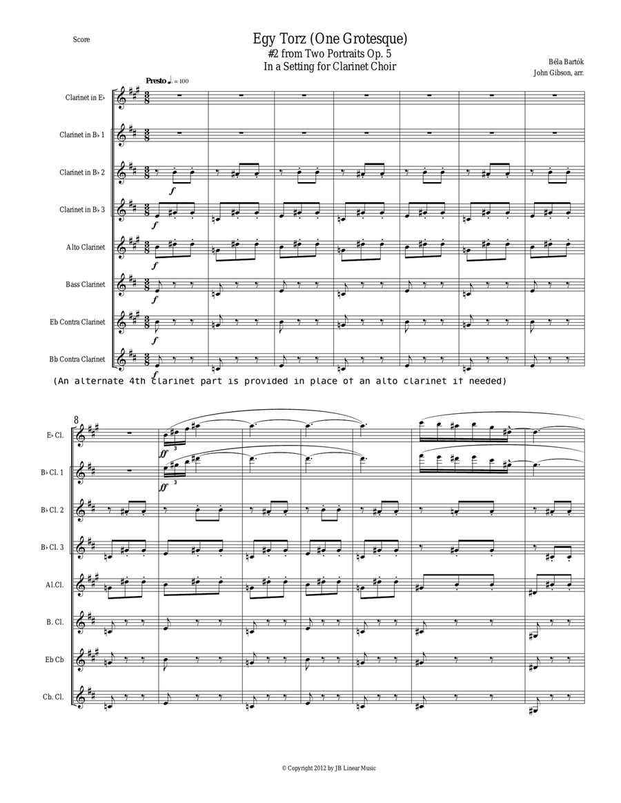Bartok - Egy Torz (One Grotesque) for Clarinet Choir Clarinet Choir scores gallery preview page 1