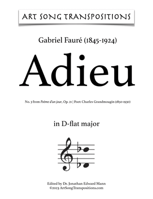 Book cover for FAURÉ: Adieu, Op. 21 no. 3 (transposed to D-flat major)