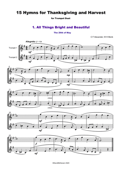 15 Favourite Hymns for Thanksgiving and Harvest for Trumpet Duet