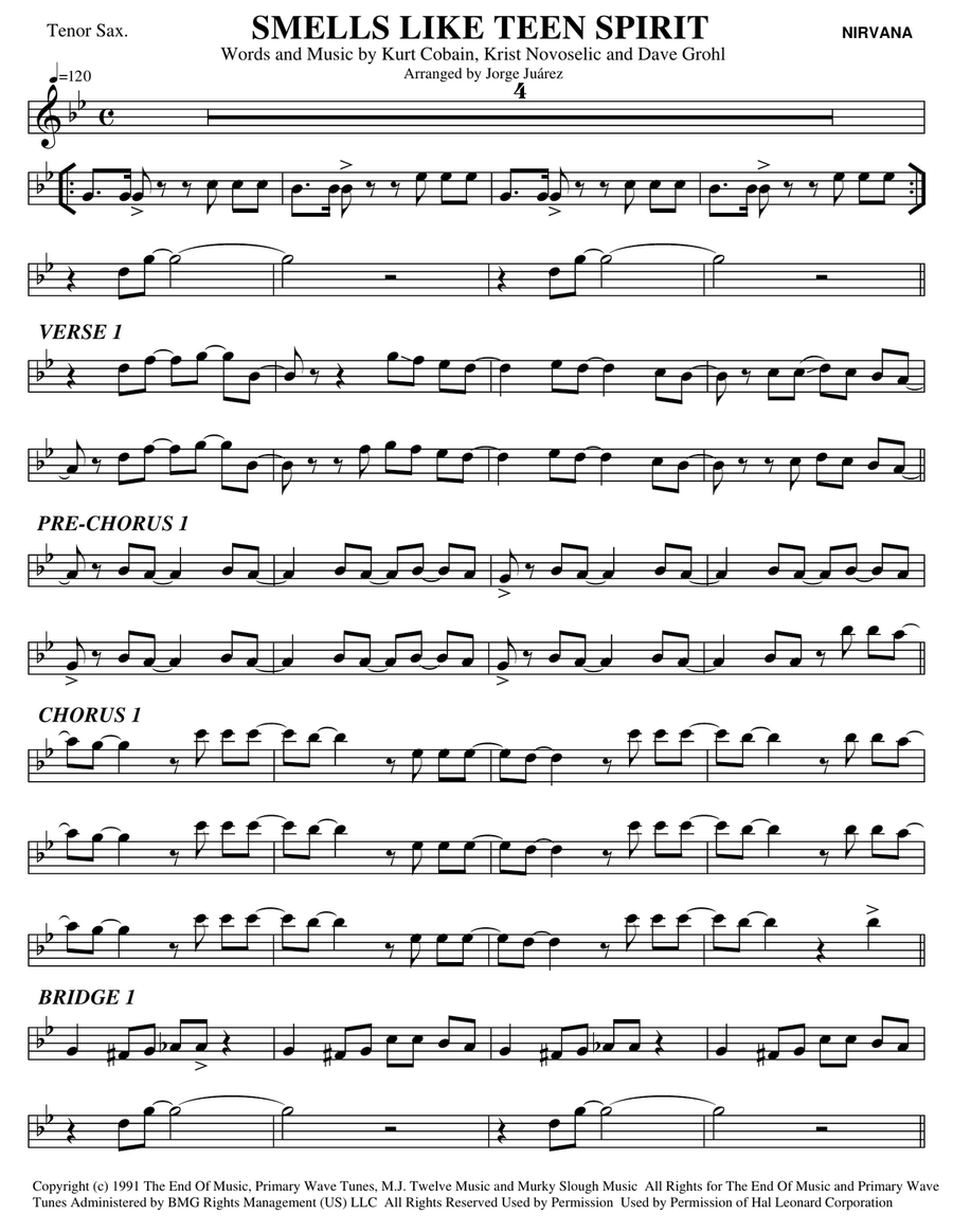 Smells Like Teen Spirit Tenor Saxophone scores gallery preview page 1