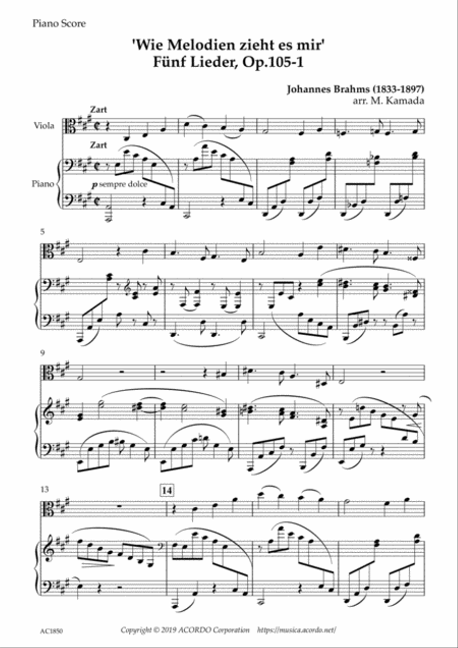 ‘Wie Melodien zieht es mir (It moves like a melody)' Op.105-1 for Viola & Piano Viola scores gallery preview page 1