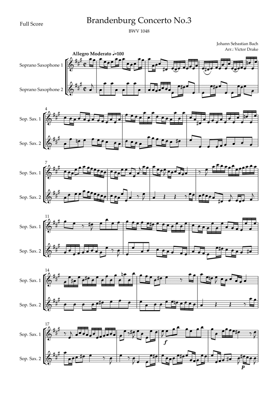 Brandenburg Concerto No. 3 in G major, BWV 1048 1st Mov. (J.S. Bach) for Soprano Saxophone Duo Woodwind Duet scores gallery preview page 1