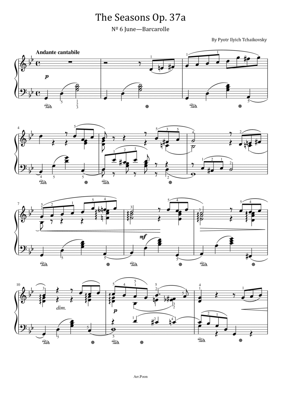 Tchaikovsky - The Seasons, Op. 37a No.6 - June, Barcarolle - Original With Fingered Piano Solo scores gallery preview page 1