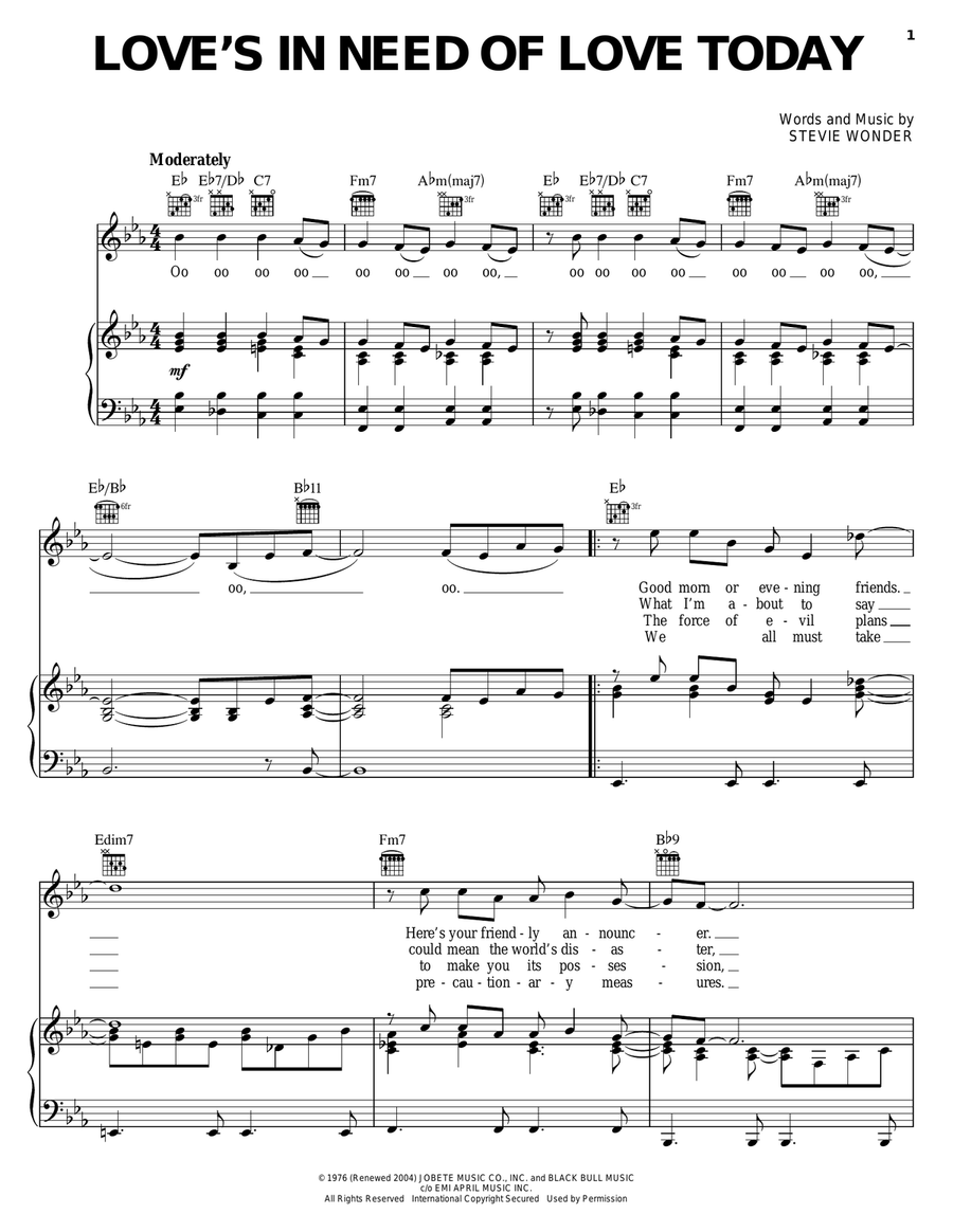 Love's In Need Of Love Today Piano, Vocal, Guitar scores gallery preview page 1