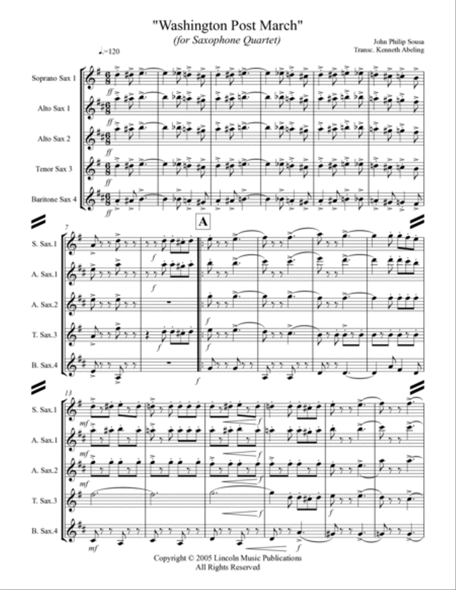 March - Washington Post March (for Saxophone Quartet SATB or AATB) March - Washington Post March (for Saxophone Quartet SATB or AATB) Saxophone Quartet scores gallery preview page 2
