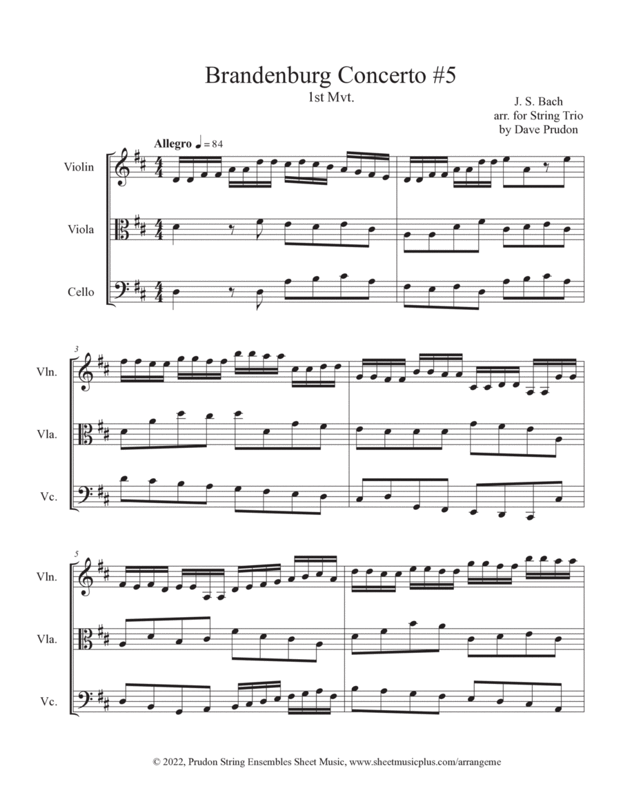 Brandenburg Concerto #5, 1st. Mvt. for String Trio String Trio scores gallery preview page 1