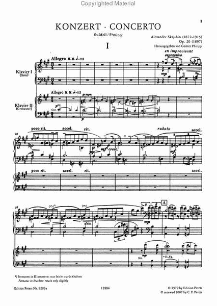 Piano Concerto in F sharp minor Op. 20 (Edition for 2 Pianos)
