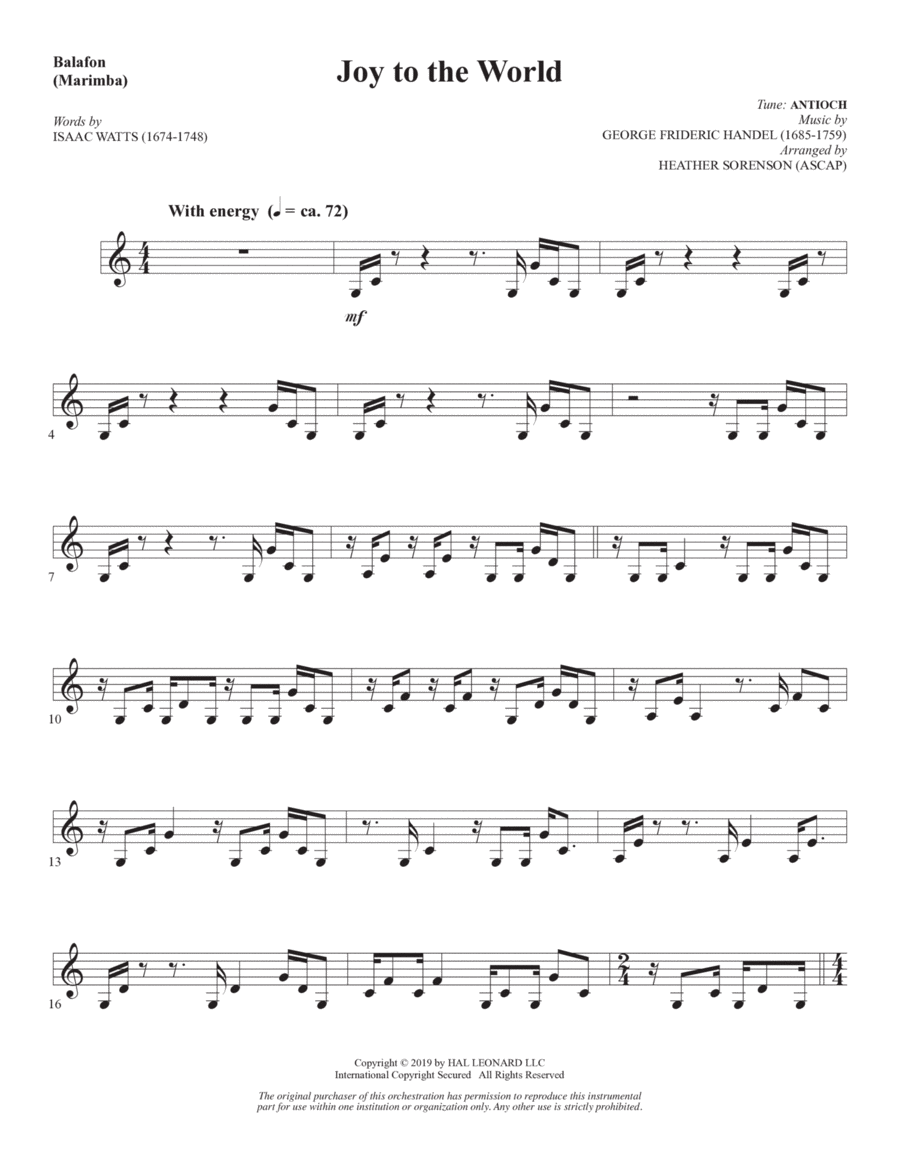 Joy to the World (arr. Heather Sorenson) - Balafon (Marimba) Choir scores gallery preview page 1