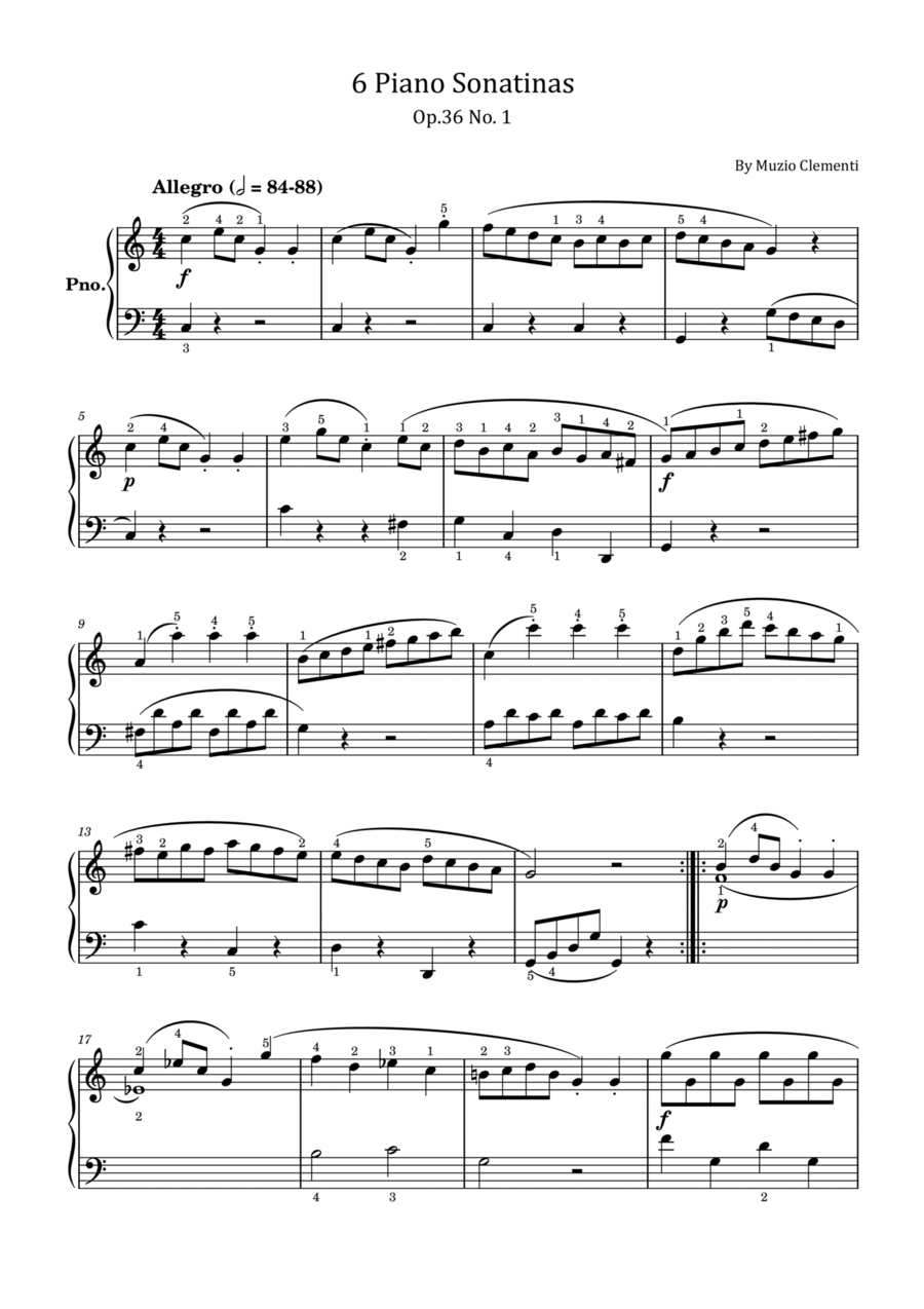 Clementi - Piano Sonatina in C Major - Op.36 No.1 - Original For Piano Solo With Fingered Clementi - Piano Sonatina in C Major - Op.36 No.1 - Original For Piano Solo With Fingered Piano Solo scores gallery preview page 1