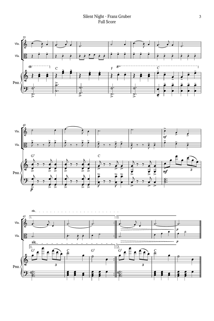 Silent Night for Violin and Viola Duet with Piano String Duet scores gallery preview page 3