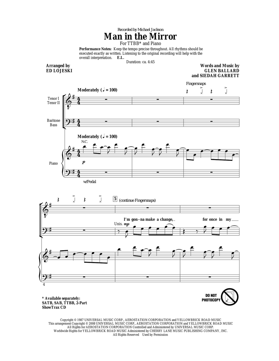 Man In The Mirror (arr. Ed Lojeski) TTBB scores gallery preview page 1