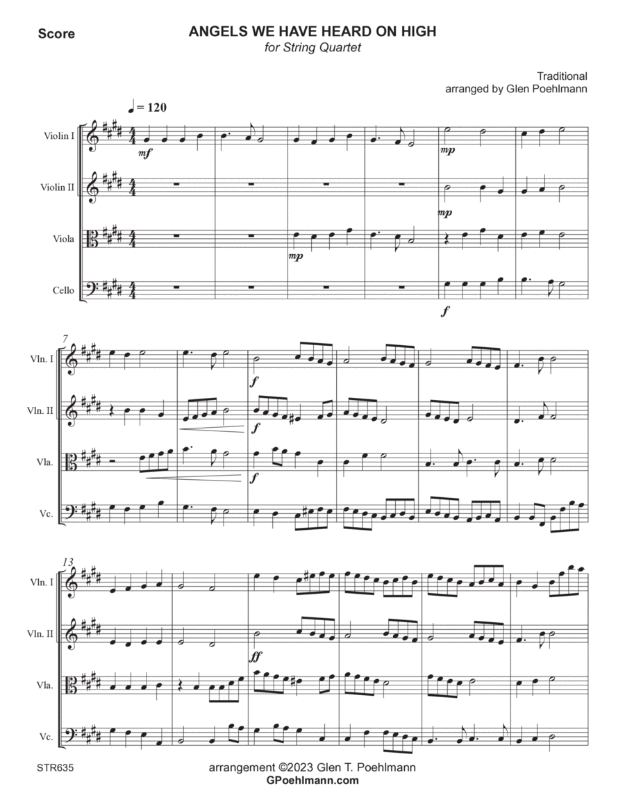 ANGELS WE HAVE HEARD ON HIGH - String Quartet (unaccompanied) - Grade 3 String Quartet scores gallery preview page 1