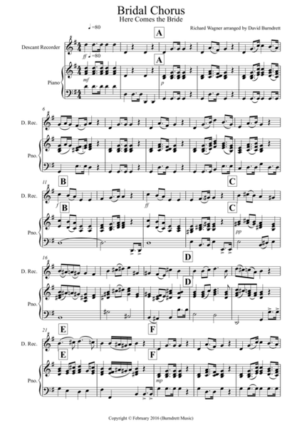 Bridal Chorus "Here Comes The Bride" for Descant Recorder and Piano image number null