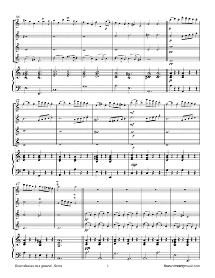 Greensleeves to Ground, arranged for 4 flutes and piano Flute Solo scores gallery preview page 4