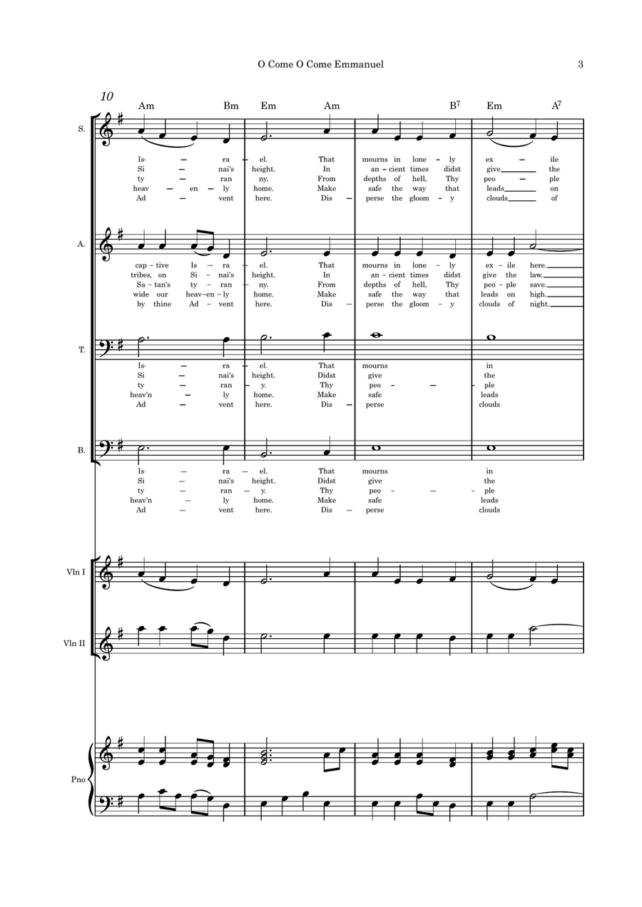 O Come O Come Emmanuel/I Heard the Voice of Jesus Say SATB, violin duet and piano 4-Part scores gallery preview page 3
