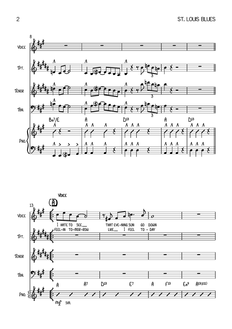 St. Louis Blues - Vocal With Jazz Combo (3 Horns) - Key of A Jazz Ensemble scores gallery preview page 2