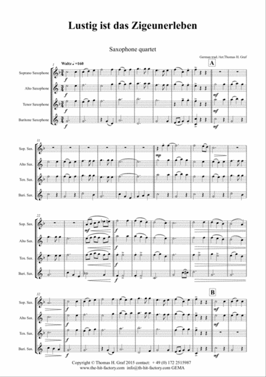 Lustig ist das Zigeunerleben - German Folk Song - Oktoberfest - Saxophone Quartet Saxophone Quartet scores gallery preview page 1