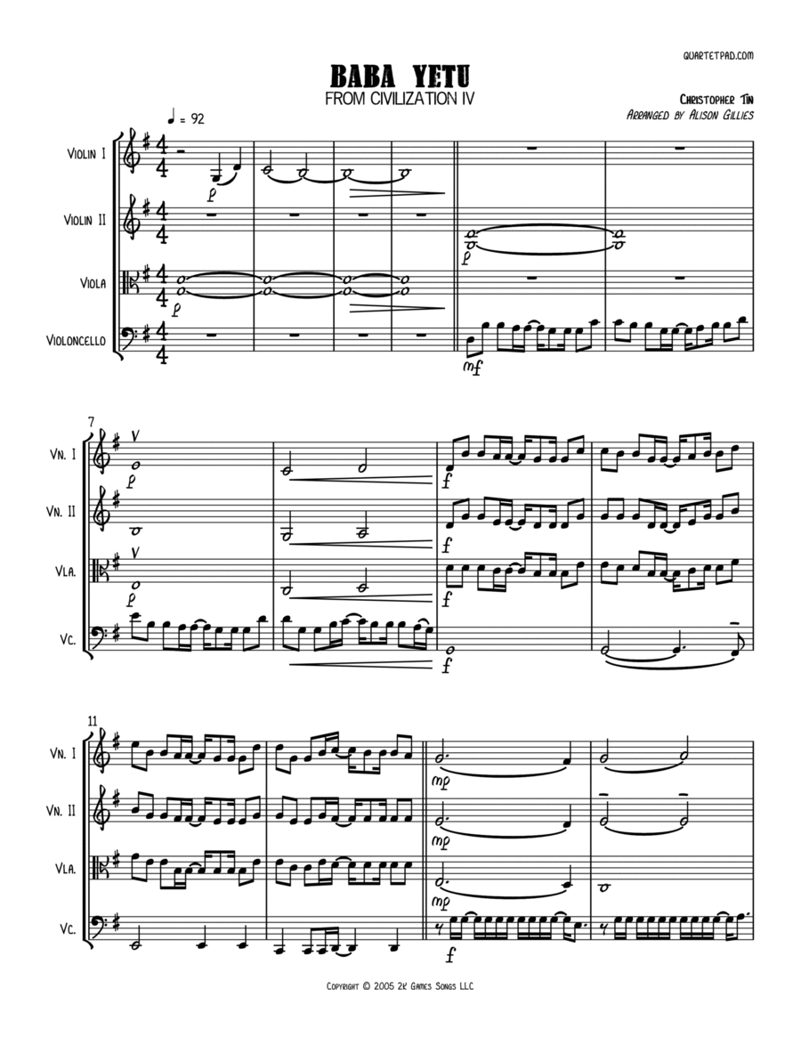 Baba Yetu Baba Yetu String Quartet scores gallery preview page 1