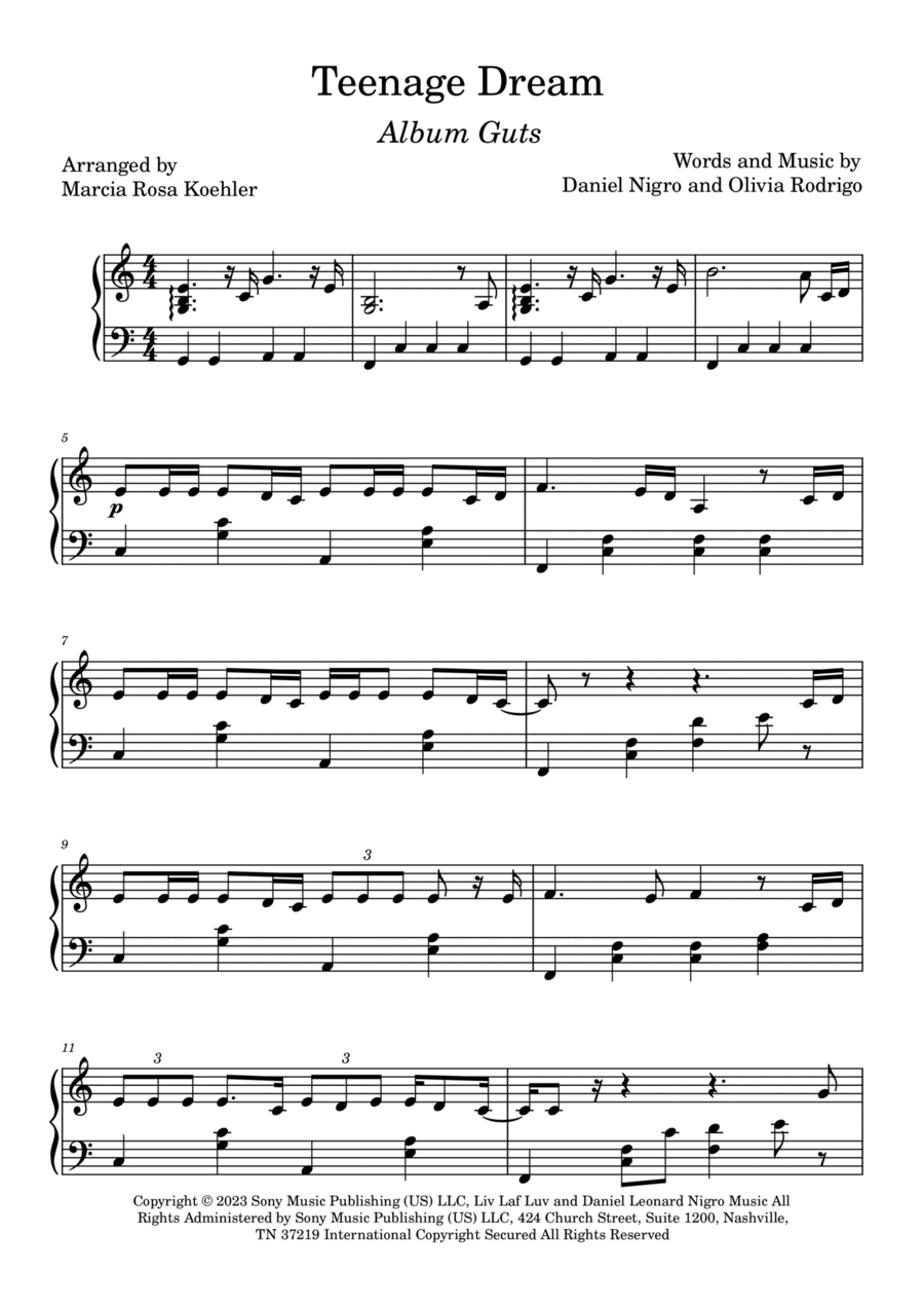 Teenage Dream Piano Solo scores gallery preview page 1