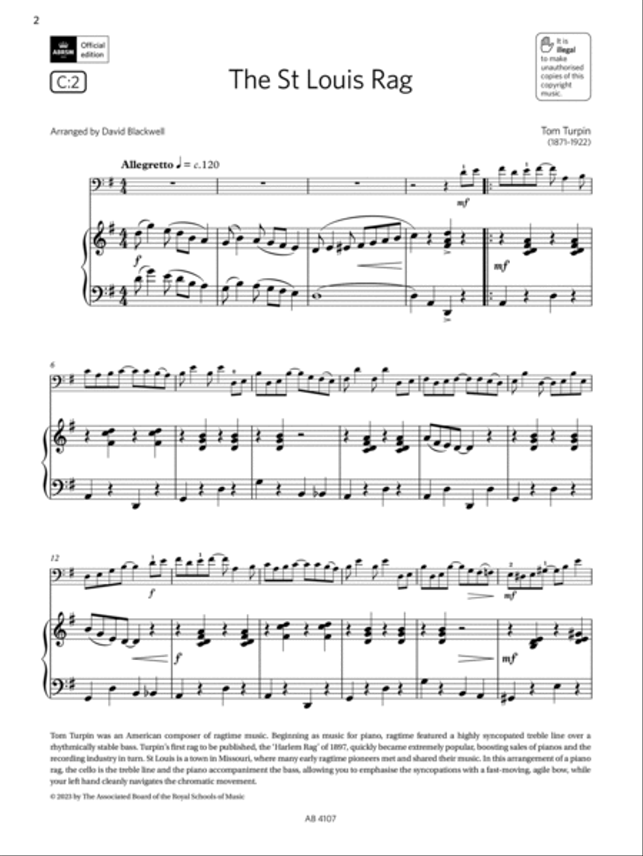 The St Louis Rag (Grade 4, C2, from the ABRSM Cello Syllabus from 2024) Cello Solo scores gallery preview page 2