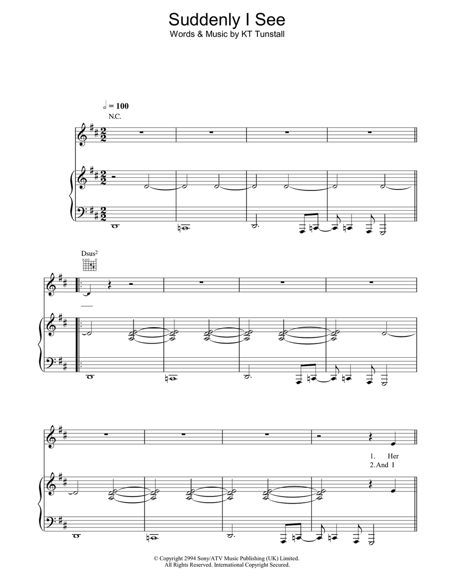 Suddenly I See Piano, Vocal, Guitar scores gallery preview page 1
