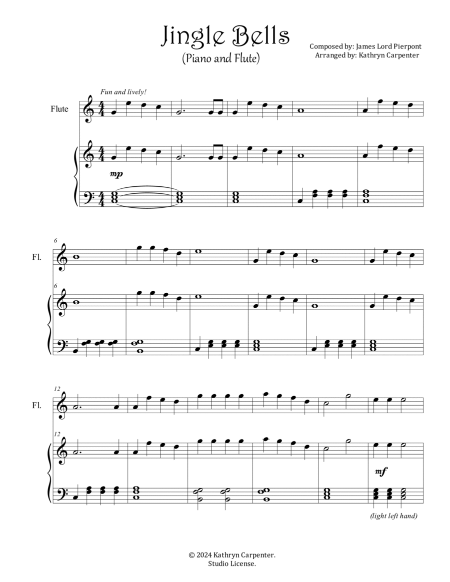 Jingle Bells (Easy Piano and Flute) Flute scores gallery preview page 1